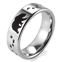 Men's 8mm Polished Tungsten Ring with Engraved Bear and Tracks