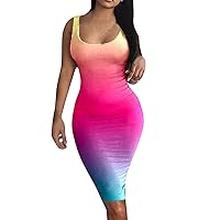 Summer Maxi Dresses for Women 2024 Cotton, Women Casual Sexy Round Neck Tank Top Sleeveless Dress Gradient Pri