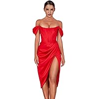 Women's Sexy Over Knee Bodycon Off Shoulder Dress Party Club Dress- Red