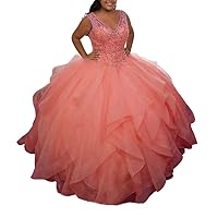 Women's V-Neck Beaded Sweet 16 Ball Gown Prom Quinceanera Dress
