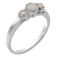 Solid 925 Sterling Silver Natural Opal & Cultured Pearl Womens Trilogy Ring - Sizes 4 to 12 Available