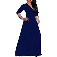 WanMem Plus Size Maxi Dress for Women Casual Sexy V Neck 3/4 Sleeve Flowy Party Dress