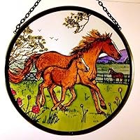 Decorative Hand Printed Stained Glass Window Sun Catcher/Roundel in a Horse and Foal Country Scene Design.