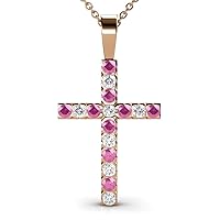 Pink Sapphire & Natural Diamond (SI2-I1,G-H) Cross Pendant 0.88 ctw 14K Gold. Included 16 Inches 14K Gold Chain.
