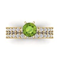 2.97ct Round Cut Pave Solitaire with Accent Genuine Natural Green Peridot Statement Bridal Ring Band Set 14k Yellow Gold