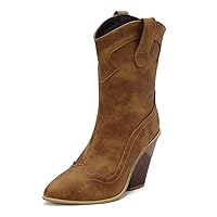Slip On Women Mid Calf Boots Stacked Heel Pointed Toe Western Cowgirl Booties Cool Casual Retro Shoes
