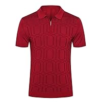 Men V-Neck Business Casual Silk Shirt Short Sleeve Solid Zipper Embroidery Polo Shirts