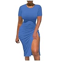 Sexy Dresses for Women Summer Buttock Wrap Skirt Round Neck Split Lace Up Dress Solid Color Short Sleeved Dress