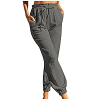 Womens Paper Bag High Waist Cropped Pants Cotton Linen Elastic Tapered Pants Summer Casual Trendy Dressy Trousers