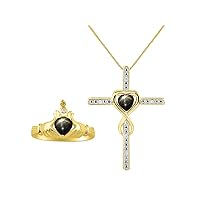 Rylos 14K Yellow Gold Claddagh Ring & Cross Necklace. Heart Gemstone & Diamonds, 6MM Birthstone. Perfectly Matching Gold Jewelry. Sizes 5-10.