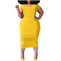 2021 Women's Plus Size Fashion Solid Color Ripped Short Sleeve Dress(J)