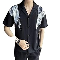 Summer Handsome Men' Casual Business Versatile Cuban Collar Print Loose Oversize Short Sleeved Shirt