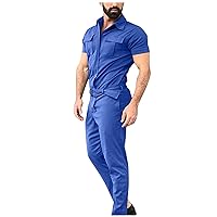 WENKOMG1 Casual Overalls For Men,Short Sleeve Zip Up Coverall Work Wear Casual Slim Fit Jumpsuit Construction Pants