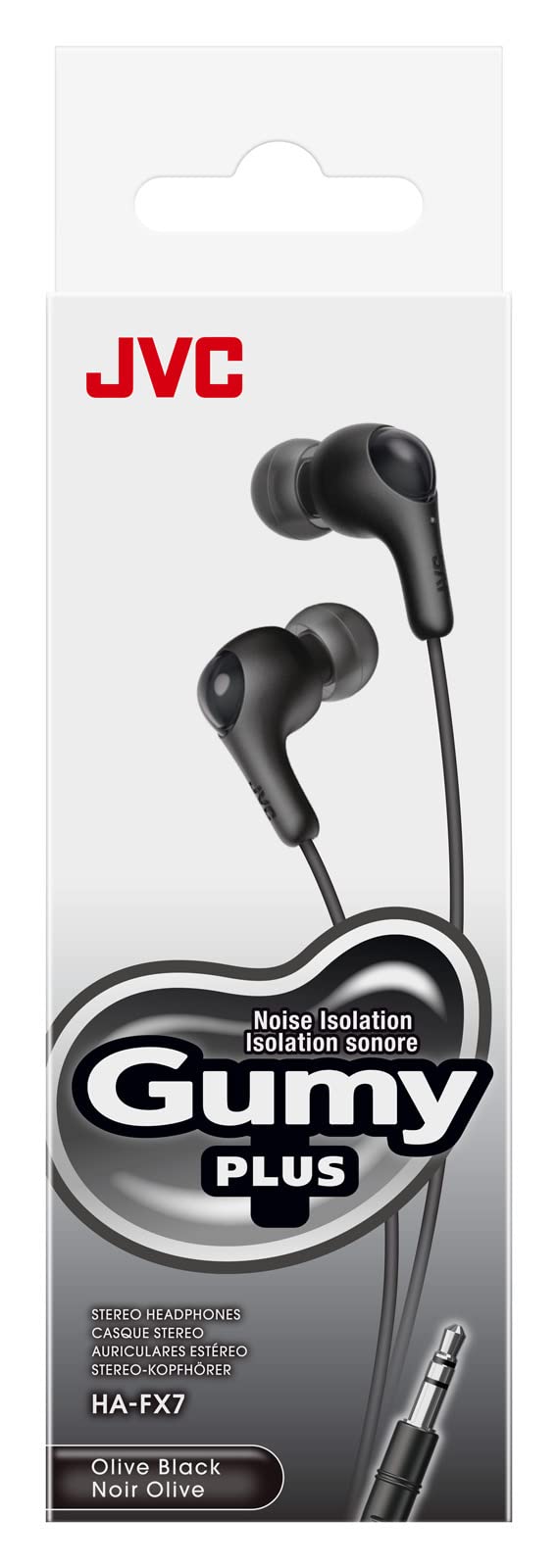 JVC Gumy in Ear Earbud Headphones with Paper Package, Powerful Sound, Comfortable and Secure Fit, Silicone Ear Pieces S/M/L - HAFX7BN (Black)