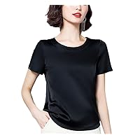 Summer Women's Basic Solid T-Shirts O-Neck Short Sleeve Tees Tops Satin Silk Elegant Thin Shirts for Female