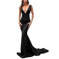 Women's Sexy Deep V Neck Mermaid Long Evening Dresses Sleeveless Sweep Train Prom Gowns