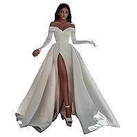 Plus Size Split Silk Satin Off Shoulder Mermaid Bridal Ball Gown Wedding Dresses for Women Brides Detachable Train Long