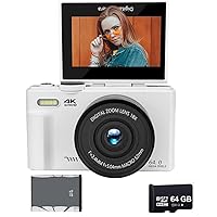 4K 64MP Digital Camera for Photography, Vlogging Camera for YouTube with 3.0â€™â€™ 180° Flip Screen, 18X Digital Zoom, Rechargeable Battery, 64GB Micro SD Card, 64mpw
