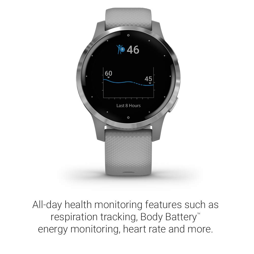 Garmin vivoactive 4S, Smaller-Sized GPS Smartwatch, Features Music, Body Energy Monitoring, Animated Workouts, Pulse Ox Sensors and More, Silver with Gray Band