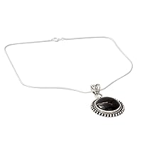 NOVICA Handmade .925 Sterling Silver Onyx Pendant Necklace Round Cabochon Snake Chain Black India Birthstone Moon 'Royal Eclipse'