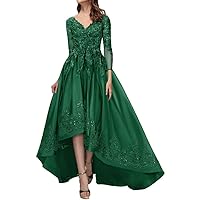 Mother of The Bride Dresses V Neck Long Sleeve High Low Formal Evening Dresses Satin Lace Appliques A Line Prom Gowns Women