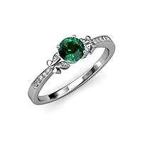 Round Emerald Diamond 7/8 ctw Butterfly Womens Engagement Ring with Milgrain Work 14K Gold