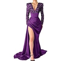 Satin Prom Dresses 2024 Long Sleeve Sexy Sequin Satin Long Ball Gowns for Women with Slit Plum