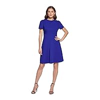 DKNY Womens Blue Zippered Unlined Tie Belt Button Detail Short Sleeve Round Neck Above The Knee Fit + Flare Dress Petites 2P