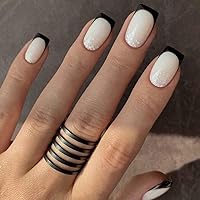 Foccna 24pcs White Fake Nails Black Bling Glossy Press on Nail French Square False Tips Medium Length Artificial Finger Manicure for Women and Girls