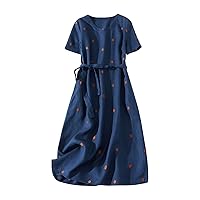 Women's Short Sleeve Cotton and Linen Dresses Round Neck Vintage Polka Dot Print Lace-Up Waist Retraction Flowy Dress