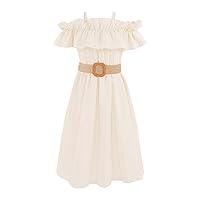 TiaoBug Kids Girls Ruffle Sundress Off Shoulder Strap Princess Dress A-line Midi Dress Holiday Party Dress with Belt