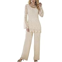 2 Pieces Mother of The Bridal Pant Suits Long Sleeve Chiffon Lace Women's Plus Size for Wedding Grooms