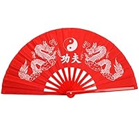 Chinese Kung Fu Tai Chi Eight Trigrams Double Dragon Bamboo Rib Frame Fan Red
