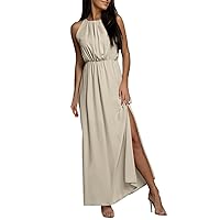 Women Casual Solid Color Sleeveless Long Dress High Round Neck Sexy Cotton Dress Ladies Summer Dresses Casual