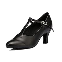 TDA Women's Comfort Closed Toe T-strap Mid Heel Leather Practice Salsa Latin Modern Dance Wedding Shoes