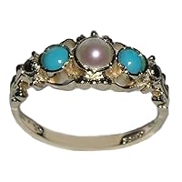 10k Yellow Gold Cultured Pearl & Turquoise Womens Band Ring