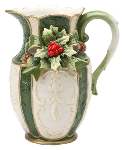 Cosmos Gifts Fine Ceramic Christmas Emerald Green Holidays Holly Berry Pine Cone Pitcher, 8.5" H