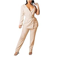 Women's Dressy Pant Suits Belted Asymmetrical Blazer Tops and Pencil Pants Wedding Outfits 2 Piece Formal Pantsuits