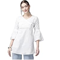 Ada Indian Hand Embroidered Chikankari Angrakha Cotton Tunic Top Kurti for Women A911210 White
