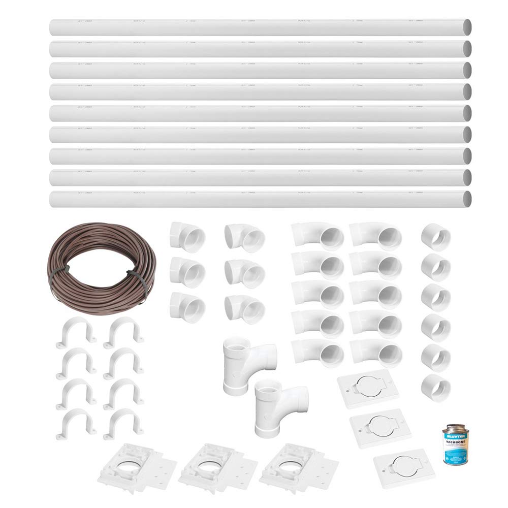 OVO Complet Central Vacuum 3 inlets Installation kit with 50 ft PVC Pipe and Fittings Included, White