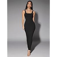 Fall Dresses for Women 2023 Solid Scoop Neck Tank Dress Dresses for Women (Color : Black, Size : Large)