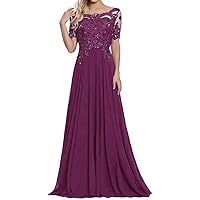 Women's Laces Mother of The Bride Dresses Short Sleeve Chiffon Formal Evening Wedding Gowns