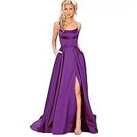Womens 2024 Formal Dresses Side Split Evening Cocktail Long Dress Satin Drape Spaghetti Straps Wedding Guest Maxi Dress
