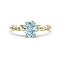 Aquamarine Oval Shape 0.92 ctw (7x5 mm) Solitaire Plus accented Natural Diamond Engagement Ring using Prong setting in 14K Gold.