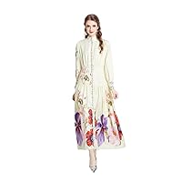 2024 Ladies Maxi Floral Printing Collared Neck Long Puff Sleeve Layered Pleated Goddess Belted Shirt Dress#6673