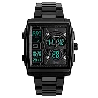 Sport Watch for Men Waterproof Multifunction Electronic LED Digital Watch Outdoor Military Three Time Zone Quartz Analog Black Plastic Watch Square Case Countdown Stopwatch 50M Water Resistant