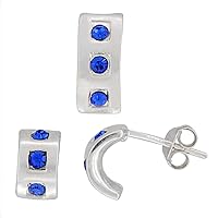 Sterling Silver Brilliant Cut CZ 3 Stone Half Hoop Post Earrings & Pendant Set Assorted colors for women Brushed finish
