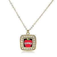 Inspired Silver - Gold Square Charm 18 Inch Necklace with Cubic Zirconia Jewelry