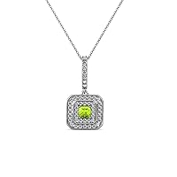 Princess Peridot & Natural Diamond Double Halo Pendant 0.37 ctw 14K White Gold. Included 18 Inches Chain