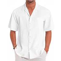 Mens Cotton Linen Short Sleeve Shirts Cuban Camp Button Down Beach Vacation Tops with Pocket